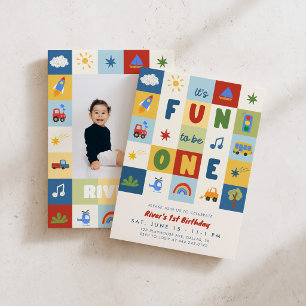 Invitación Diversión para ser uno Retro niños cumpleaños 1 Fo
