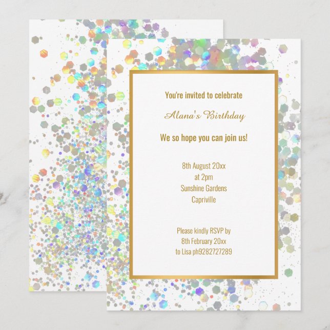 INVITACIÓN DIVERSIÓN PASTEL RAINBOW LUGAR HOLOGRÁFICO BLANCO (Anverso / Reverso)