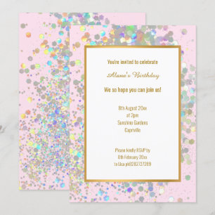 INVITACIÓN DIVERSIÓN PASTEL RAINBOW PINK LUGAR HOLOGRÁFICO CU