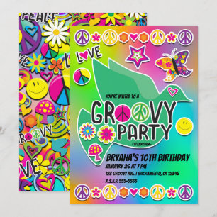 Invitación Diversión Retro Groovy Cumpleaños de Amor de los 6