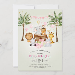 Invitación Diversión Rosa Safari Selva Aquarela Chica Baby Sh