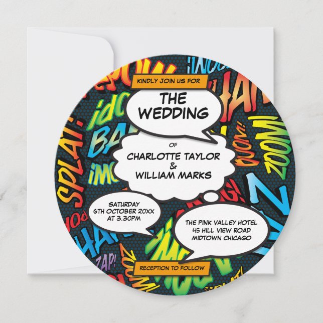 Invitación Diversión tipográfica moderna cómic boda (Anverso)