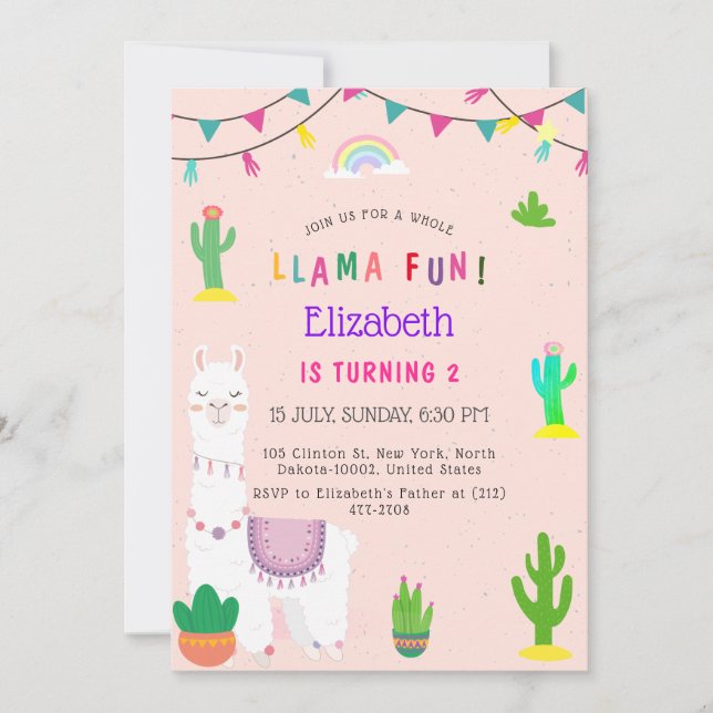 Invitación Diversión Total de Llama Alpaca Cactus Cumpleaños  (Anverso)