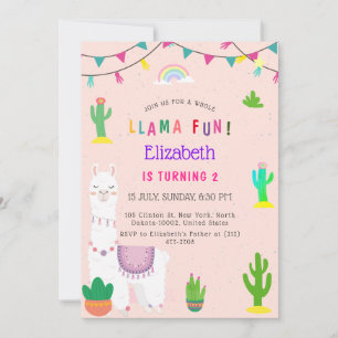 Invitación Diversión Total de Llama Alpaca Cactus Cumpleaños 