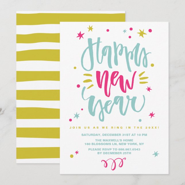 Invitación Diversión y caligrafía festiva Fiesta de Nocheviej (Anverso / Reverso)