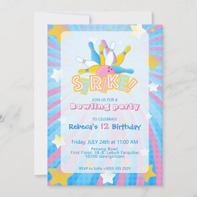 Invitación Diversión y colorida fiesta de bolos (Anverso)