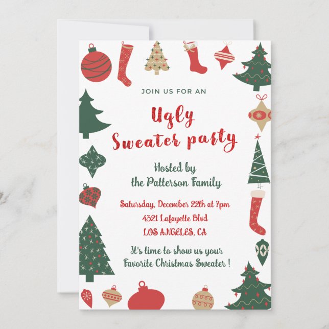 Invitación divertida a fiesta de suéter feo (Anverso)