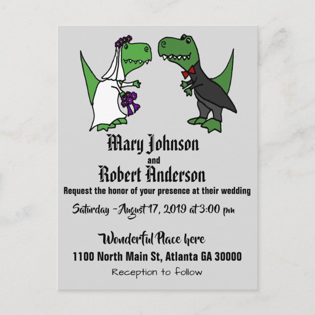 Invitación divertida a la boda T-rex Bride y Groom (Anverso)