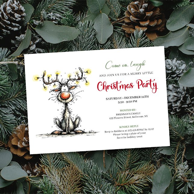 Invitación divertida a la fiesta de Navidad con re (Funny Reindeer Cartoon Holiday Party Invitation)