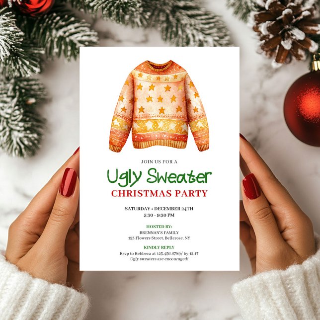 Invitación divertida a la fiesta de Navidad con su (Chic Funny Ugly Sweater Holiday Party Invite)