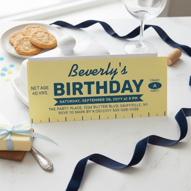 Invitación Divertida Barra de Mantequilla Retro Cumpleaños Pe (Butterlicious Birthday invite! Yellow Stick of Butter Customized with all your event details)