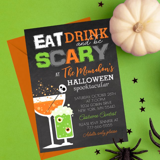Invitación Divertida bebida y asusta Fiesta adulto de Hallowe (Eat Drink and Be Scary Fun Adult Chalkboard Halloween Invitations. Available printed or digital)
