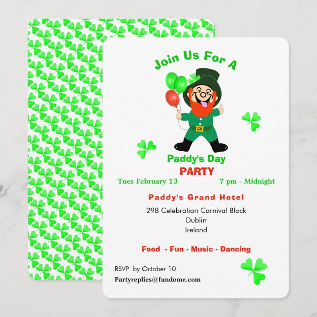 Invitación Divertida celebración irlandesa Leprechaun Fiesta  (Anverso / Reverso)