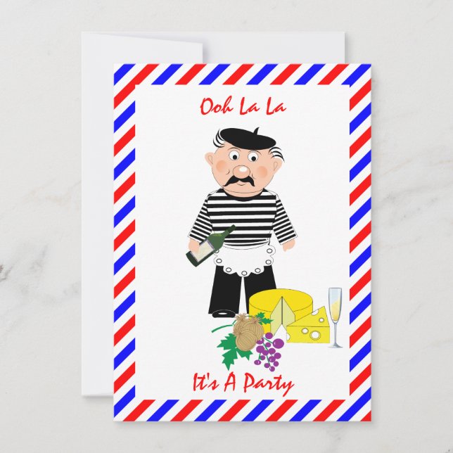 Invitación divertida con tema francés de queso y v (Anverso)