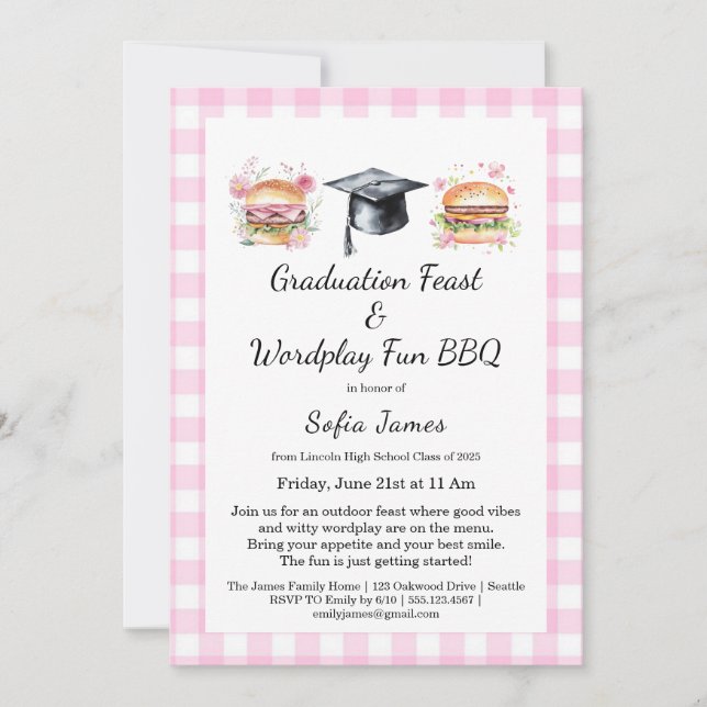 Invitación divertida de BBQ para fiesta de graduac (Anverso)
