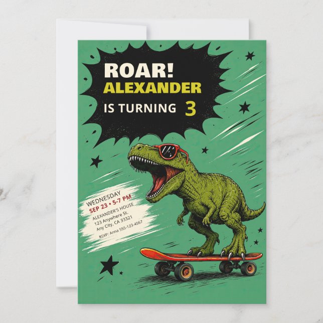 Invitación divertida de cumpleaños de dinosaurio T (Anverso)