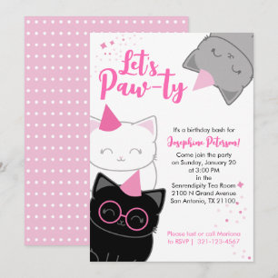 Invitación divertida de cumpleaños de gatito rosa