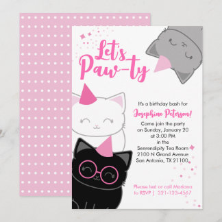 Invitación divertida de cumpleaños de gatito rosa 
