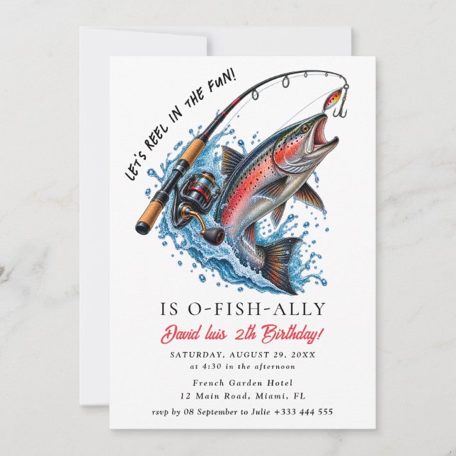 Invitación divertida de cumpleaños de pesca (Anverso)