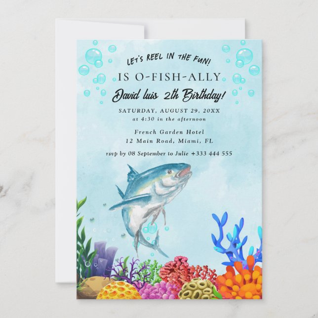 Invitación divertida de cumpleaños de pesca (Anverso)
