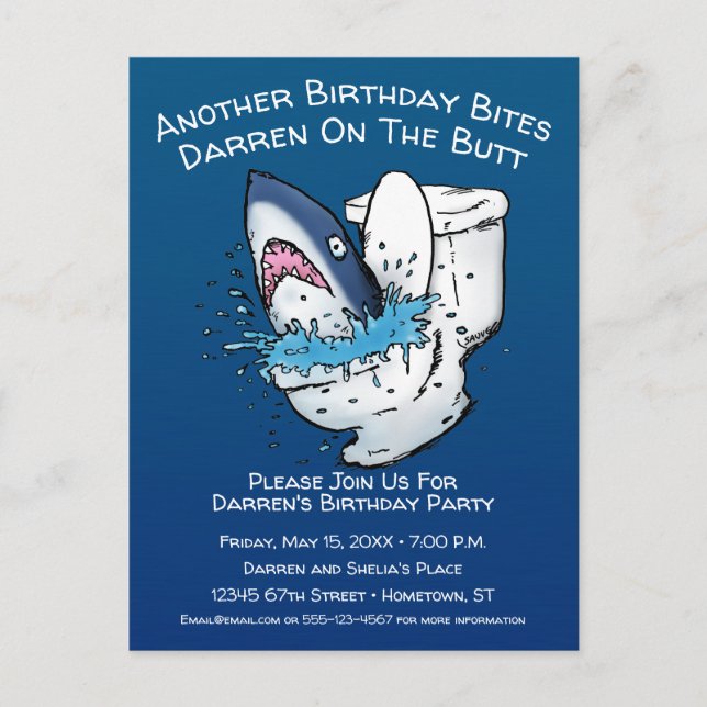 Invitación divertida de cumpleaños del tiburón del (Anverso)