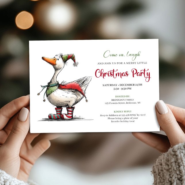 Invitación divertida de Navidad con ganso de dibuj (Christmas Funny Goose Cartoon Whimsy Party Invite)