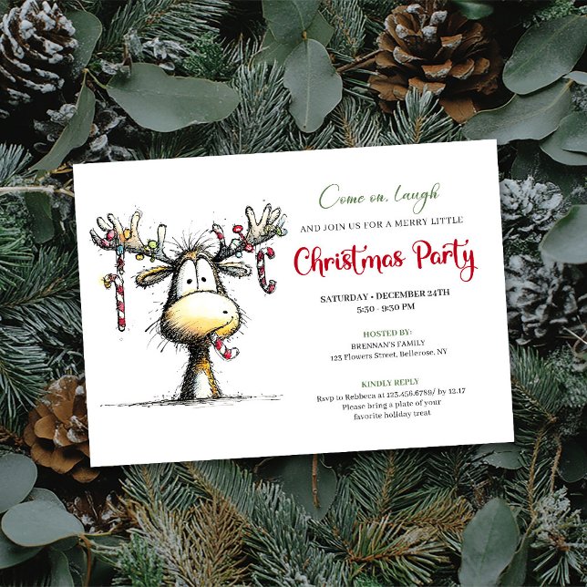 Invitación divertida de Navidad con renos de dibuj (Funny cartoon reindeer Christmas party invitation

)