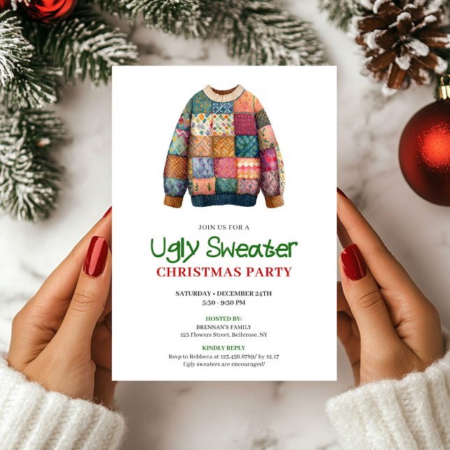 Invitación divertida de Navidad con suéter feo mod (Fun Modern Ugly Sweater Christmas Invitation)