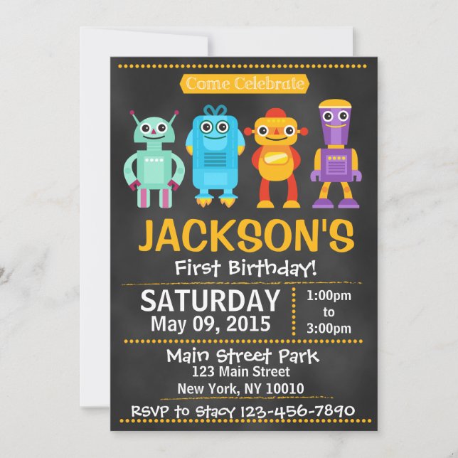 Invitación divertida de robot al estilo de pizarra (Anverso)
