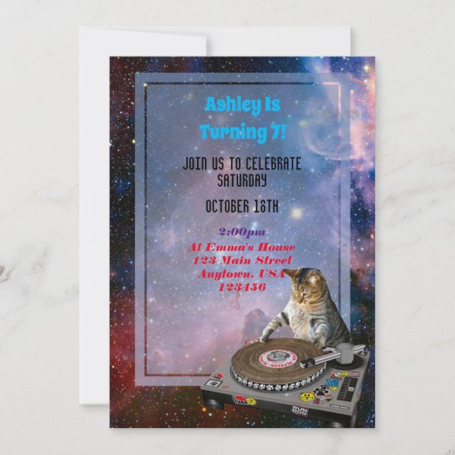 Invitación divertida de Space Dj Cat (Anverso)