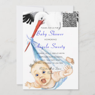 Invitación divertida de Stork Baby Shower con códi
