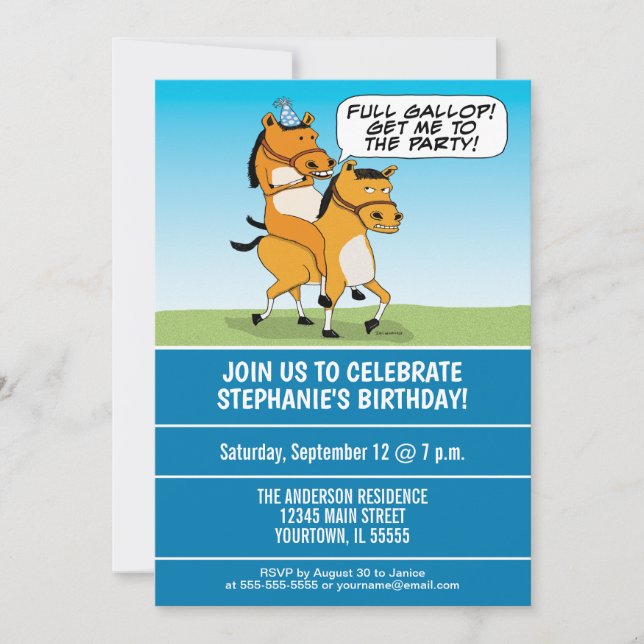 Invitación Divertida fiesta de cumpleaños de caballos en bici (Anverso)