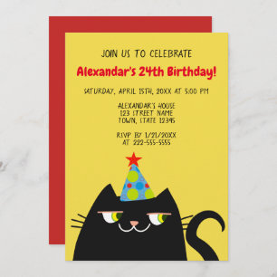Invitación Divertida fiesta de cumpleaños del gato negro