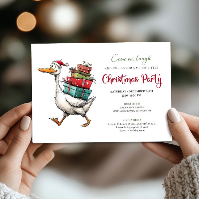 Invitación Divertida fiesta de Navidad, ganso tonto, minimali (Christmas Silly Goose Funny Minimalist Party Invite)