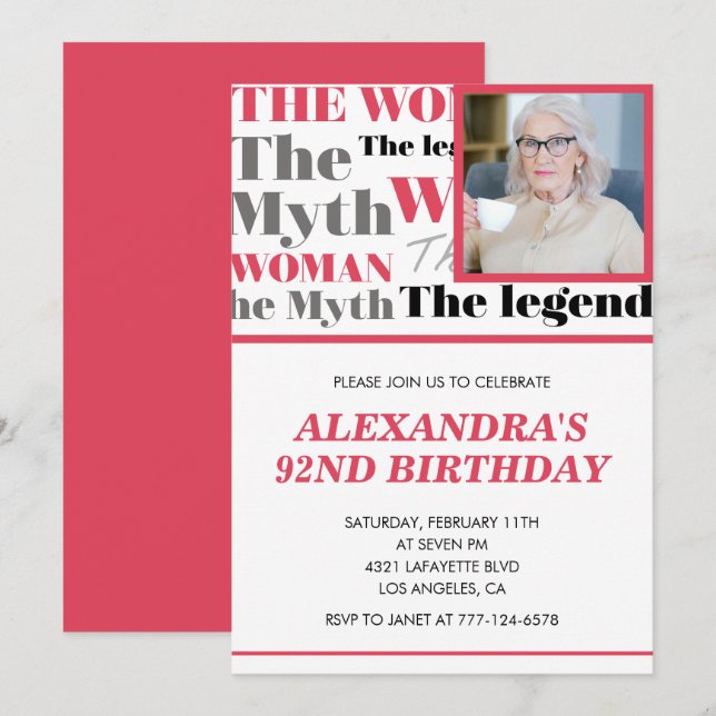 Invitación divertida foto cumpleaños 92 Contemporá (Anverso / Reverso)