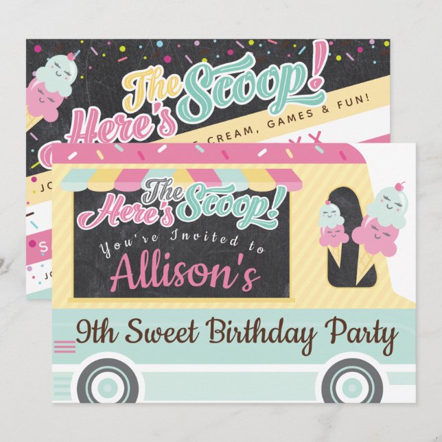 Invitación Divertida Negrita Ice Cream Truck Cumpleaños Party (Anverso / Reverso)