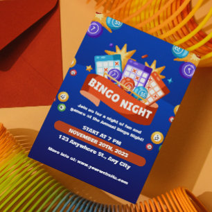 Invitación divertida noche de bingo azul y naranja