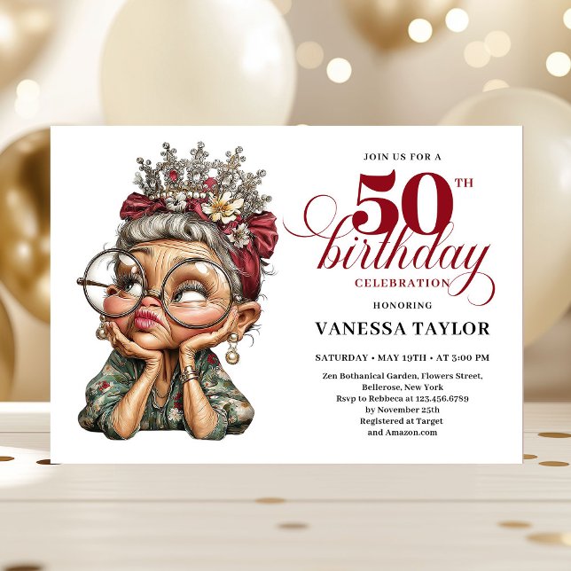 Invitación divertida para cumpleaños 50 con estilo (Cheerful 50th bash invite quirky funny birthday lady)