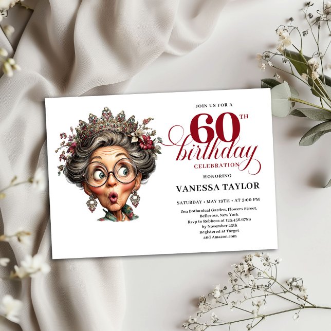 Invitación divertida para cumpleaños número 60 ext (Quirky 60th Birthday Invite Funny Old Lady Theme)