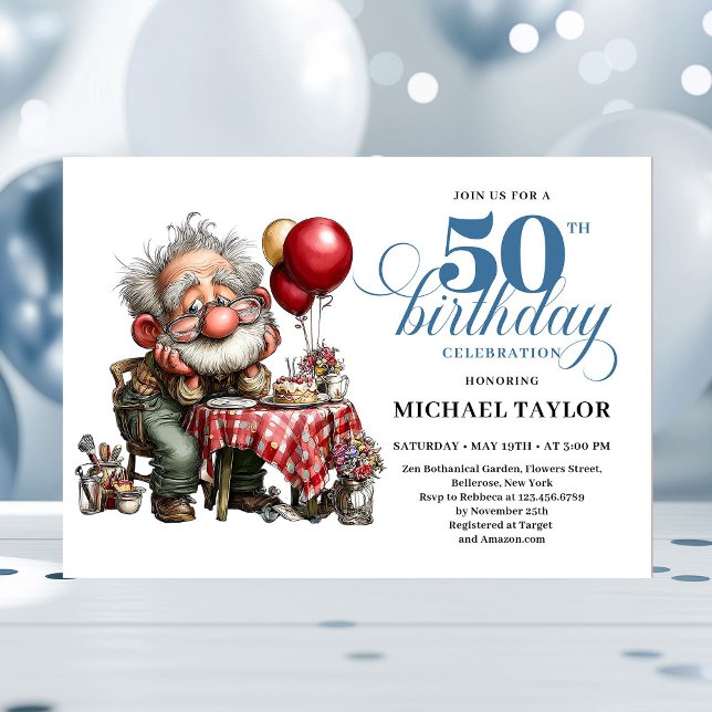 Invitación divertida para el cumpleaños número 50  (Funny Cartoon Man 50th Party Milestone Invite)