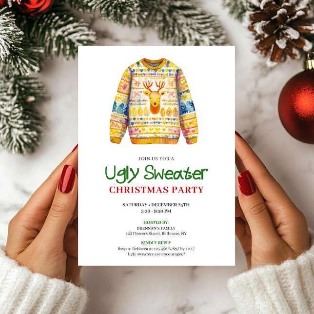 Invitación divertida para fiesta de Navidad con su (Bright Funny Ugly Sweater Xmas Party Invite)