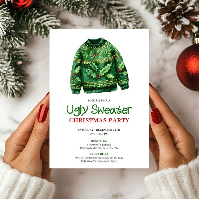 Invitación divertida para fiesta de Navidad con su (Whimsical Funny Ugly Sweater Holiday Invite)