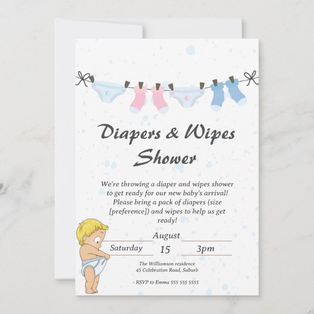Invitación divertida para una ducha de pañales y t (Anverso)