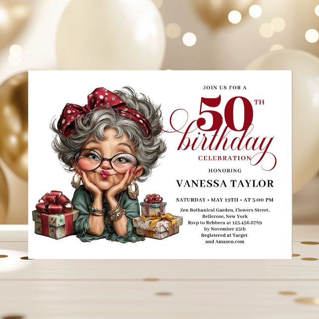 Invitación divertida para una fiesta de cumpleaños (Humorous lady turning fifty quirky party invite)