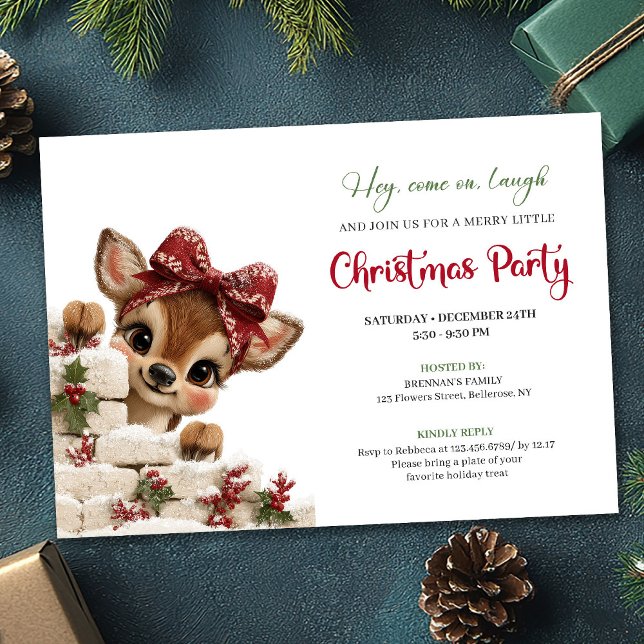 Invitación divertida para una fiesta navideña con  (Charming peeking reindeer fun holiday party invitation)