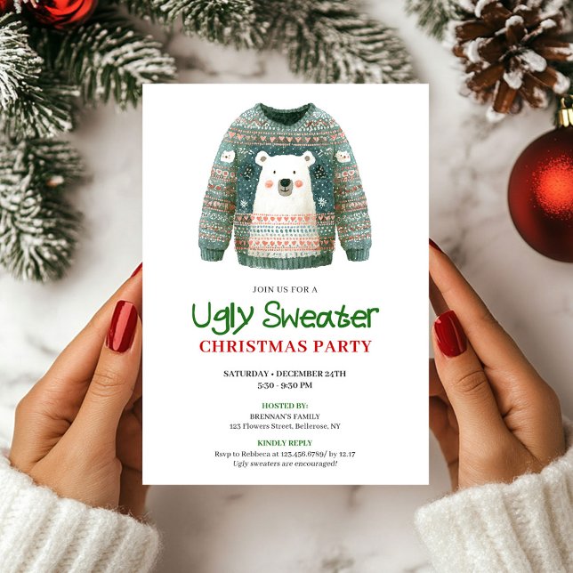 Invitación divertida y caprichosa de suéter feo pa (Fun Whimsical Ugly Sweater Holiday Invitation)