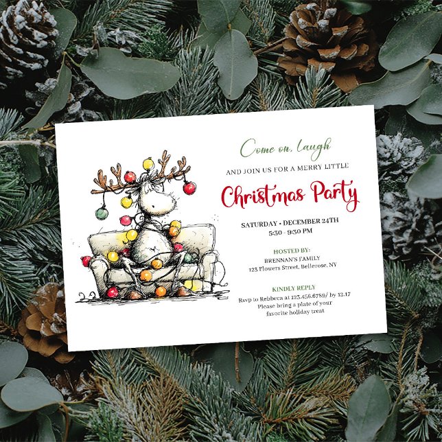 Invitación divertida y elegante a la fiesta de Nav (Chic Funny Reindeer Christmas Party Invitation)