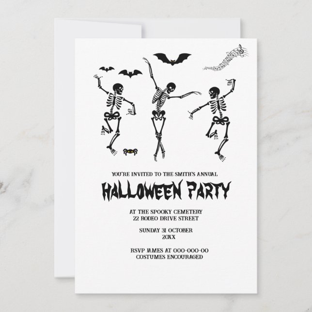 Invitación divertida y espeluznante halloween blanco y negro (Anverso)