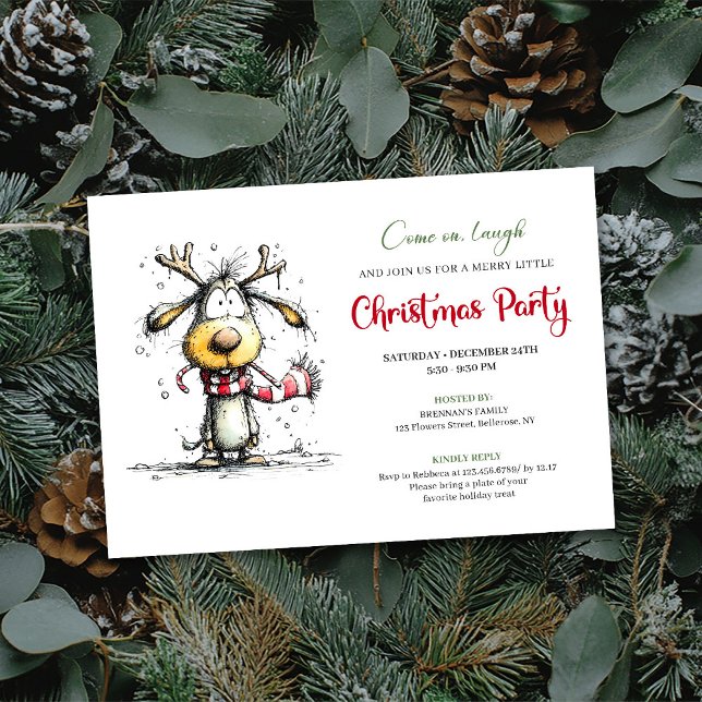 Invitación divertida y extravagante a la fiesta de (Playful quirky reindeer Christmas party invite

)
