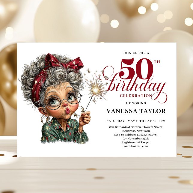 Invitación divertida y extravagante para una fiest (Sparkling 50th party funny woman quirky invite)